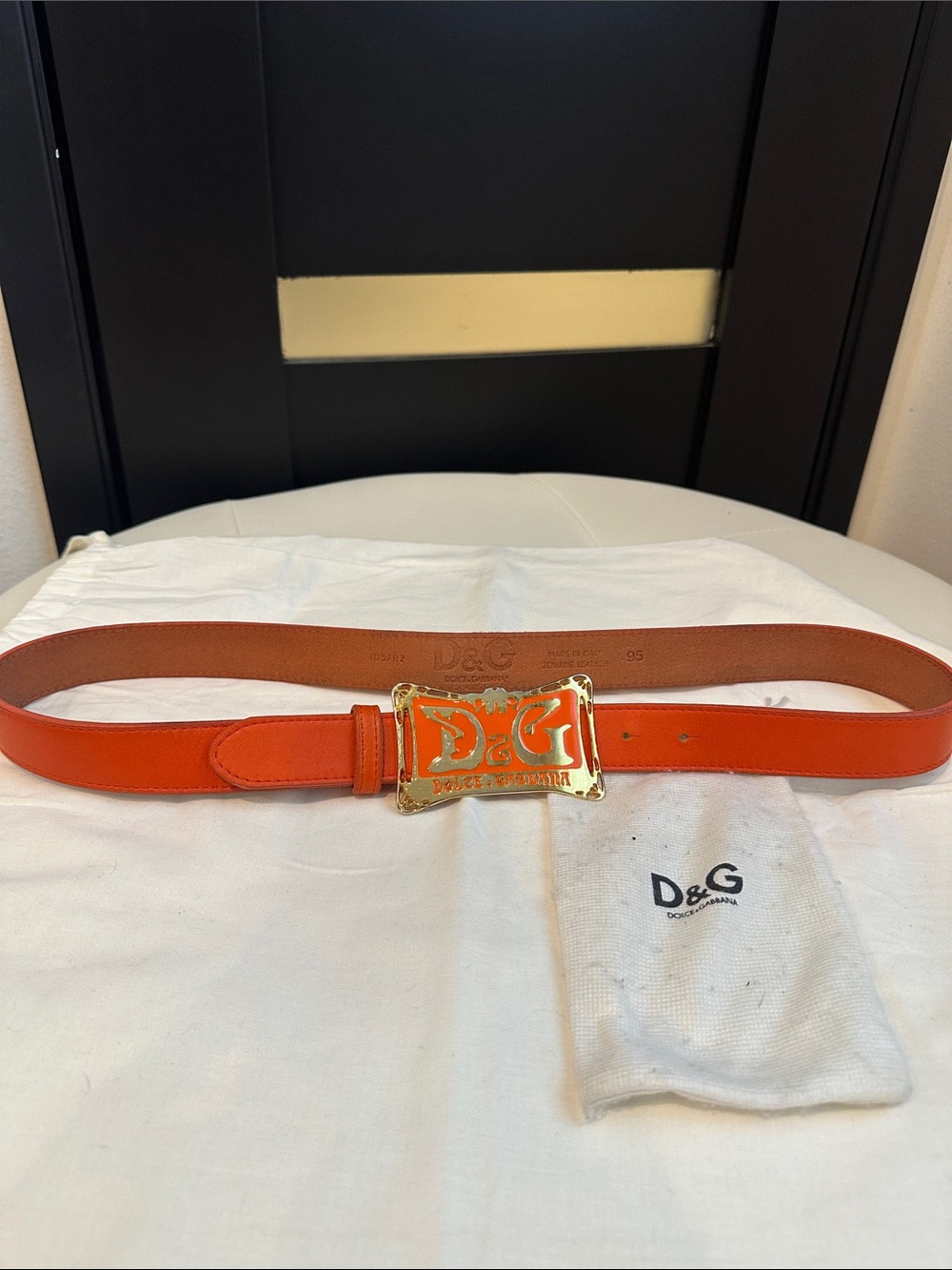 Dolce & Gabbana D&G Orange Leather Logo Buckle Belt Size 95